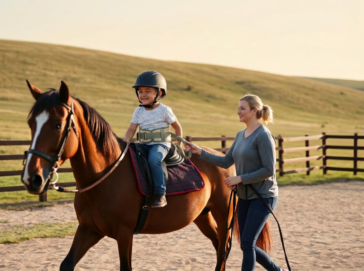 A young rider smiles while seated on a therapy horse beside a certified instructor