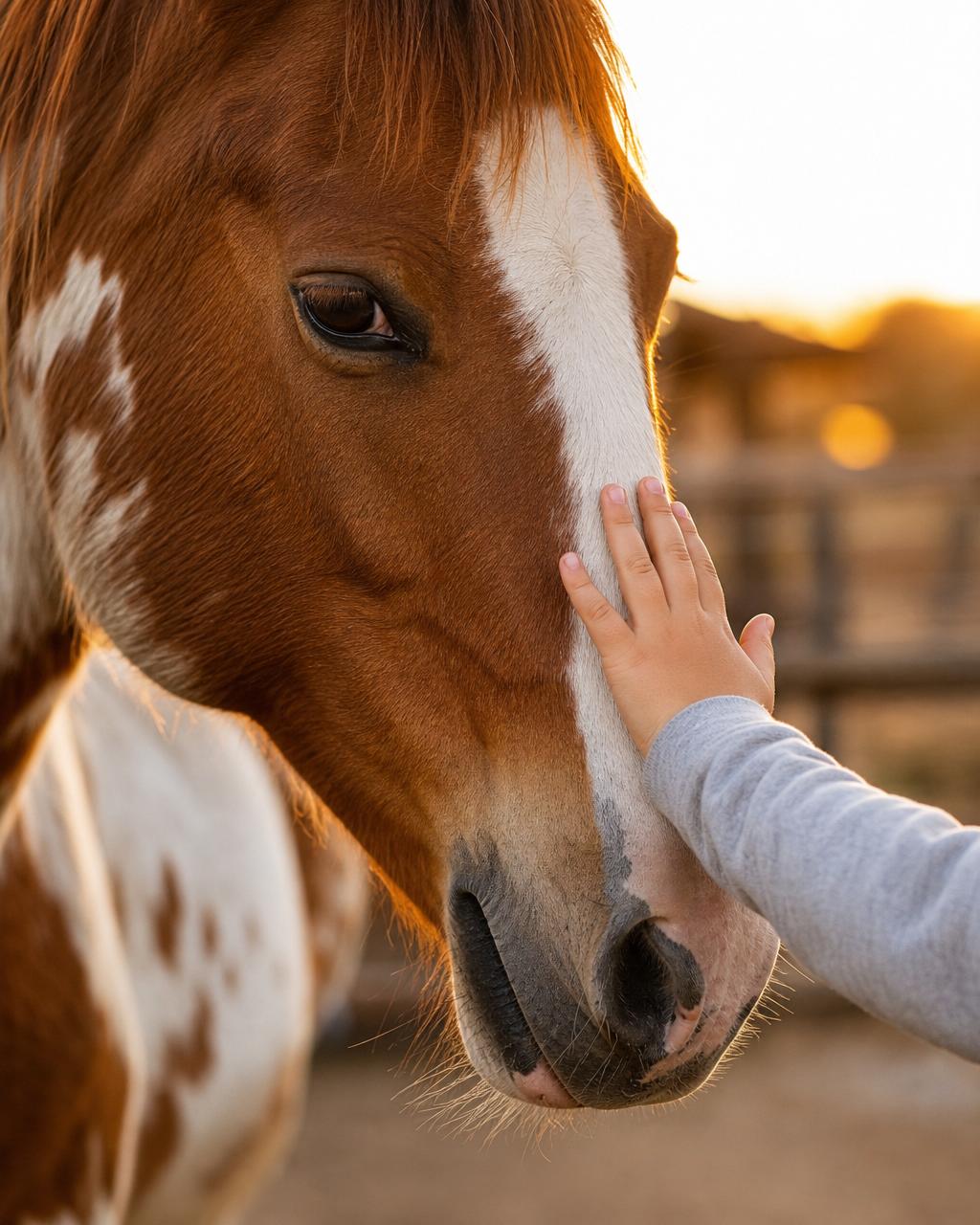 A child's hand gently resting on a horse's soft muzzle